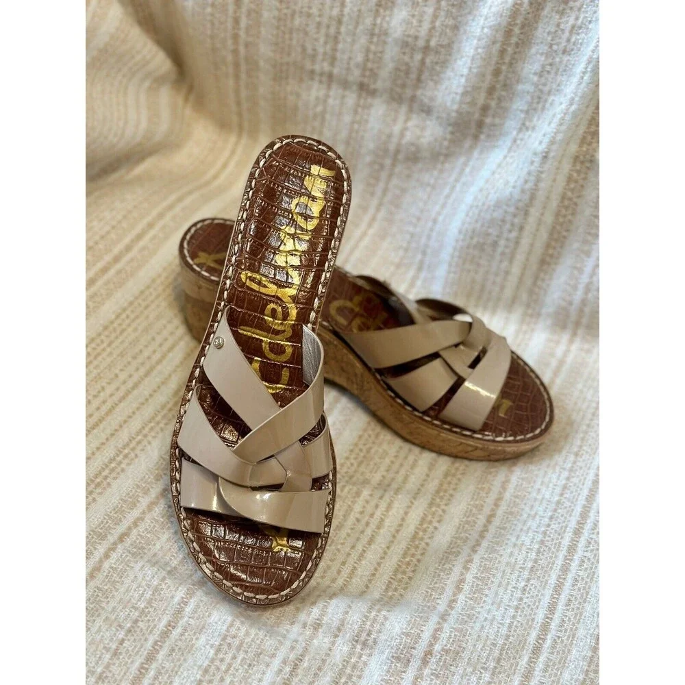 Sam Edelman Women Size 9.5 Nude Raynere Patent Cork Wedge Slip On Sandals